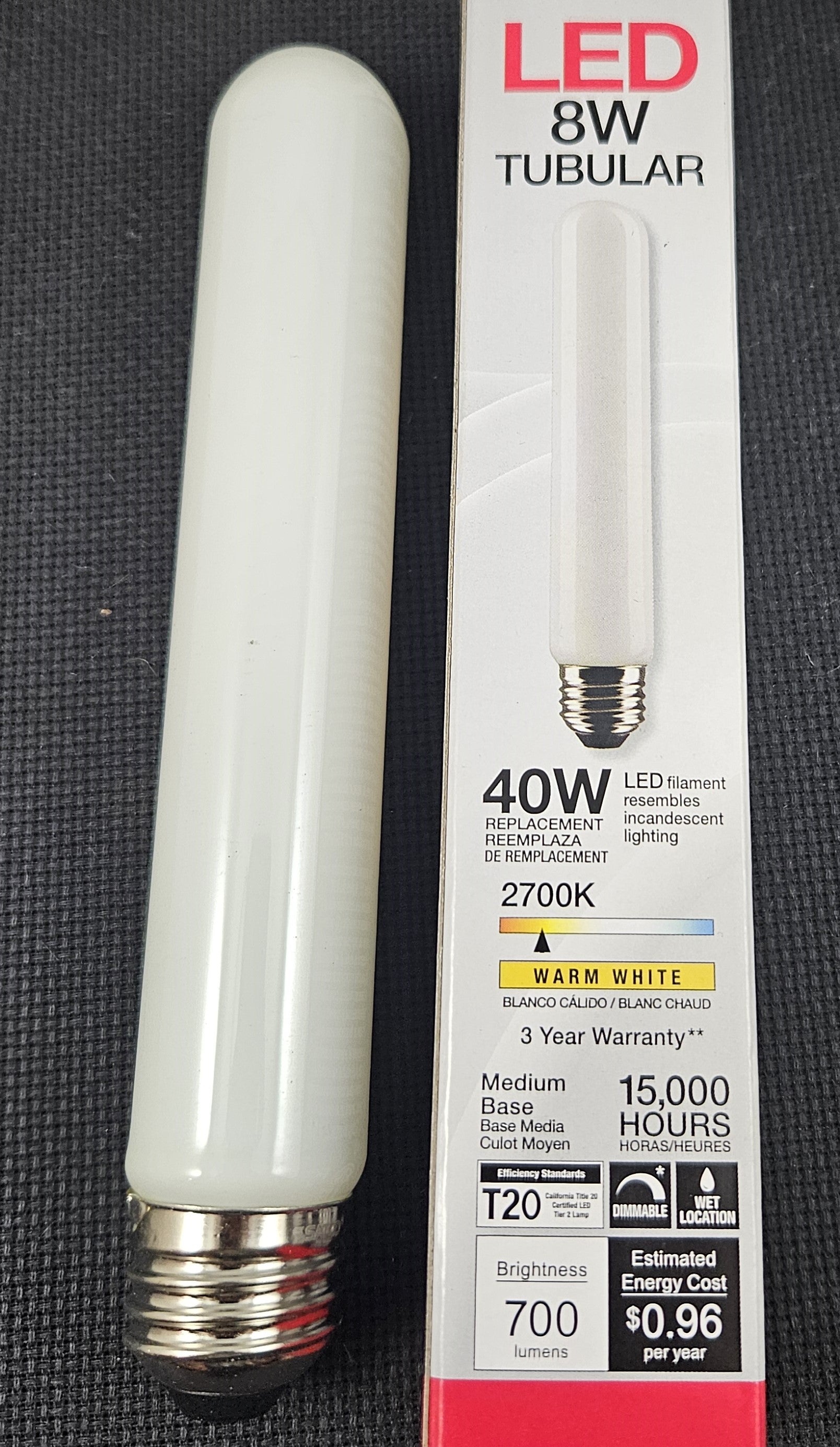 40W LED Medium Base Frosted Tubular Bulb - 6" long