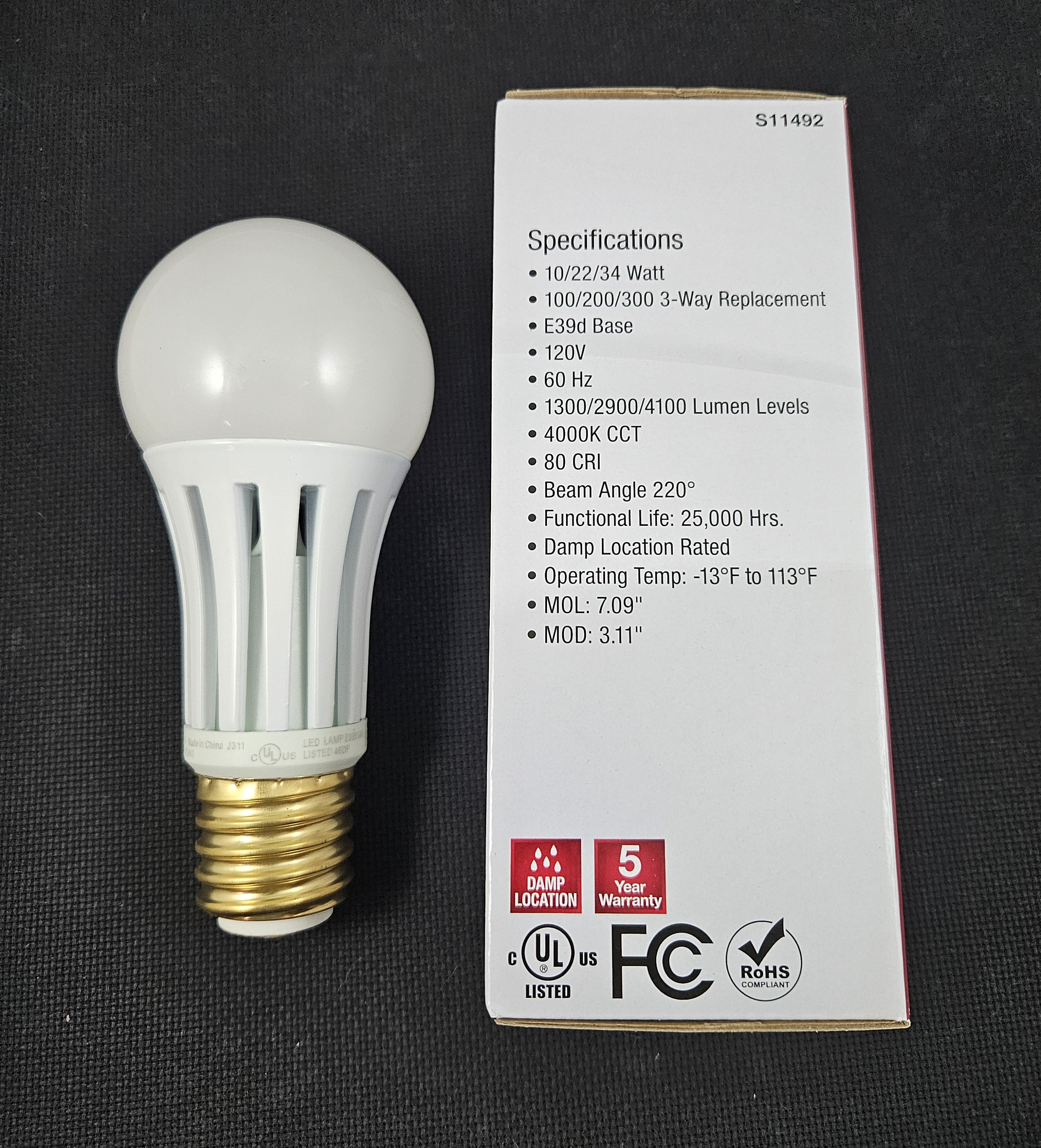 3-way 100/200/300W Mogul Base LED Light Bulb