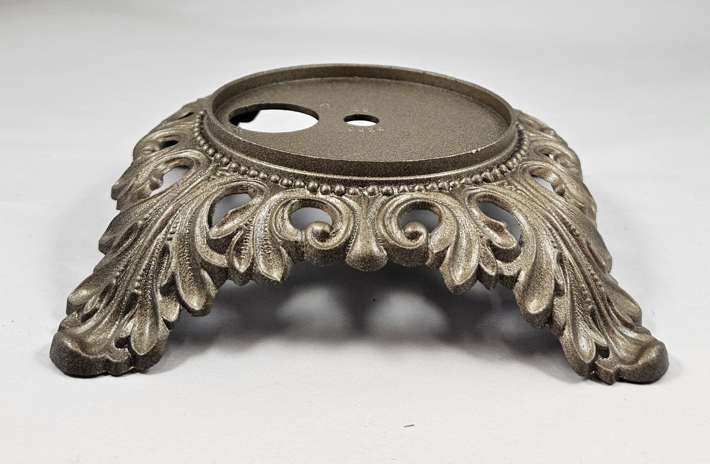 cast metal base in antique brass finish - insert top 3-1/4", Ht. 1-5/8", Bottom Spread 7-1/2"